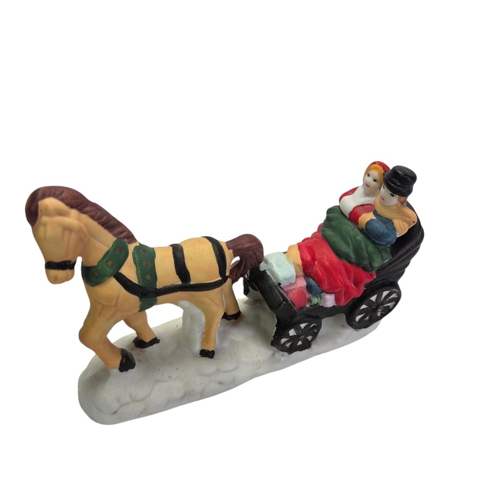 Horse Drawn Sleigh Figurine Couple Winter Christmas Village Decor Vtg Read